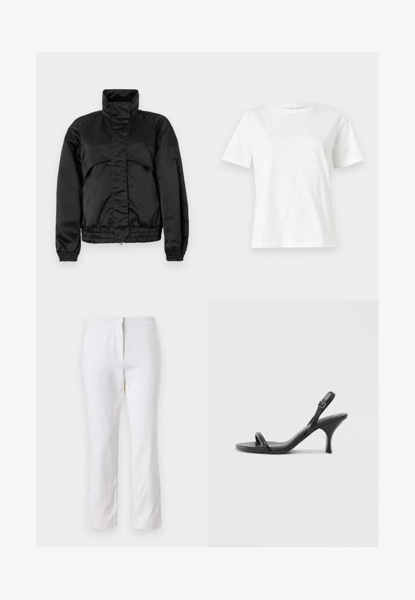 Casaco acolchoado preto com colarinho alto, botões de pressão, punhos elásticos e bainha ajustada. Textura suave e design minimalista.; T-shirt de algodão branco com mangas curtas, decote redondo e um corte descontraído. Textura suave, sem padrões ou detalhes, design minimalista.; Calças de algodão brancas com um design de perna reta, apresentando uma cintura de altura média e sem hardware ou padrões visíveis. Textura suave por toda a peça.; Sandálias de salto alto em couro preto com um salto curvado e fino e um design de tiras cruzadas. Correia ajustável no tornozelo. Textura suave.