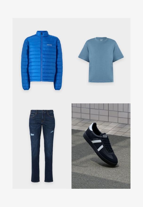 Mėlynas, paminkštintas švarkas su horizontaliais siūlais, aukštu apykakle ir pilno ilgio užtrauktuku. Ant krūtinės yra "Red Bull Racing" logotipas.; Mėlyna trumpomis rankovėmis marškinėliai, pagaminti iš medvilnės, su apvaliu kaklu ir laisvu siluetu. Lygus paviršius, minimalistinis dizainas, be raštų ar akcentų.; Tamsiai mėlyni džinsai su tiesiu kirpimu, turintys suplėšytus išsiplėtimus kelnių savo ir tradicinius kišenes, taip pat akivaizdžius kontrastingus siūlus.; Juodas odinis sportinis batelis su baltais dryžiais, tekstūruota gumine padais ir raišteliais priekyje. Yra prekės ženklą žymintis etiketė ant liežuvio.