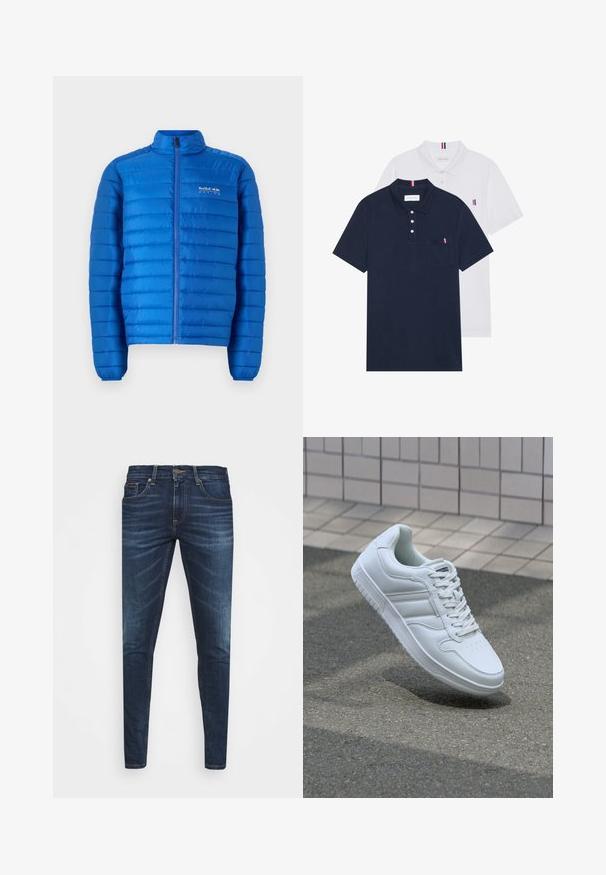 Modra, podložena jakna z vodoravno šivanjem, visokim ovratnikom in polnim zadrgo. Ima logo "Red Bull Racing" na prsih.; Dve polo majice: ena mornarsko modra in ena bela, obe z majhnim rdečim, belim in modrim poudarjanjem na žepu in ovratniku.; Temno modri kavbojke ozkega kroja, s subtilnim bledenjem, petimi žepi in kovinskim zapiranjem na gumb. Oštrikanje z akcenti v kontrastni barvi.; Bela atletska teniska obutev z gladkim usnjenim zgornjim delom, vezanjem spredaj, perforiranim prstom in vzorčastim podplatom. Minimalistična zasnova s tremi stranskimi črtami.