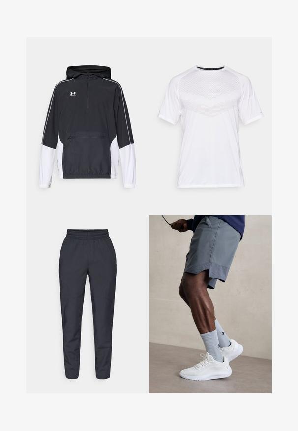 Svart- og hvit pulloverjacket med hette, halv glidelås foran, elastiske mansjetter, frontlomme, hvite sidelapper og brodert logo på brystet.; Hvit kortermet treningsskjorte med et teksturert geometrisk mønster foran, laget av lett materiale, rund hals og avslappet passform.; Marinebukser i tapered snit lavet af blødt materiale, med elastisk talje, sidelommer og en glat tekstur med diskrete syninger.; Hvite treningssko med teksturert mesh-overdel, kombinert med lyseblå ribbestrikkede sokker med logo. Grå treningsshorts med perforert kant.