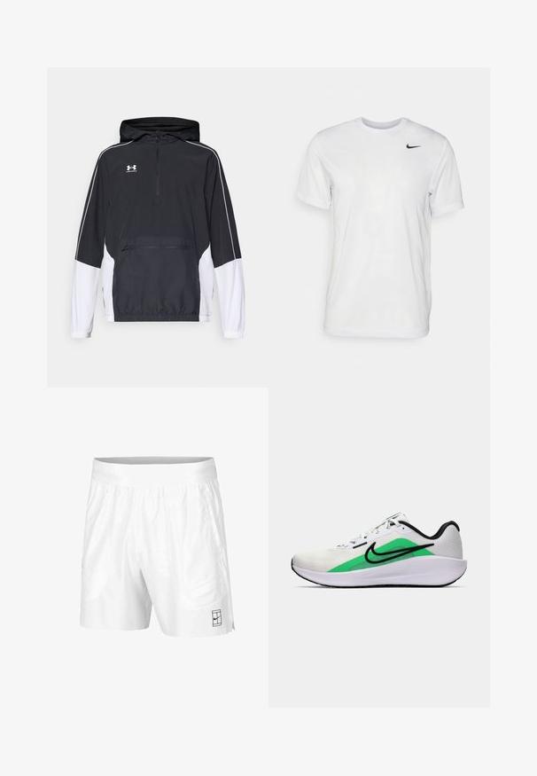 Sort og hvid pullover jakke med hætte, halv-lynlås foran, elastiske manchetter, frontlomme, hvide sidelæg og broderet logo på brystet.; Hvid kortærmet t-shirt lavet af glat stof. Har en rund hals og et lille sort Nike-logo på venstre bryst.; Hvide atletiske shorts lavet af letvægtsstof med elastisk talje, der har to sidelommer og et lille sort logo på kanten.; Hvide sportssko med grøn accent, sort logo, netoverdel, polstret sål og rund hæl. Har snørebånd og kontrastdetaljer.