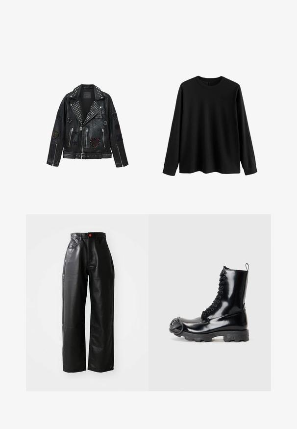 Črno usnjeno motoristično jakno z srebrnimi zakovicami, zadrgami in različnimi našitki, vključno s srcem, zvezdami in živalskimi motivi.; Črn pulover z dolgimi rokavi iz mehkega materiala, z okroglim izrezom, sproščenim krojem in rebrastimi manšetami. Minimalističen dizajn, brez dodatnih vzorcev.; Črne hlače širokega kroja iz umetnega usnja z visokim pasom, vidnimi žepi in rdečim gumbom, ki se ponašajo z gladko, sijočo teksturo.; Črne lakirane usnjene vojaške škornje z sijajno površino, zasnovo z vezanjem, debelim gumijastim podplatom in značilnimi sprednjimi kovinskimi detajli.