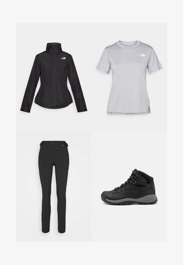 Černá nepromokavá bunda s vysokým límcem, dvěma předními kapsami na zip a logem v horní levé části. Disponuje stahovaným pasem.; Šedé tričko s krátkým rukávem vyrobené z měkké, vlhkosti odvádějící tkaniny. Obsahuje kulatý výstřih a malé bílé logo na levém horním rukávu.; Černé, přiléhavé kalhoty vyrobené z pružného materiálu. Mezi funkce patří boční kapsa na zip, anatomické kolena a hladký povrch.; Černé turistické boty s mírně vyšším střihem, které mají texturovaný svršek, šedé detaily a odolnou gumovou podrážku s trakčními výstupky.