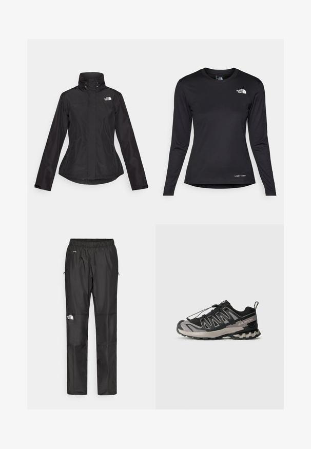 Black waterproof jacket with a high collar, two front zippered pockets, and a logo on the upper left side. Features a cinched waist design.; The North Face SHADOW LONG SLEEVE - Long sleeved top - black; Black waterproof pants made from lightweight fabric, featuring an elastic waistband, side pockets, and a logo on the left leg.; Black and gray athletic shoe with mesh upper, rubber sole, and elastic lace system. Features a reinforced toe and textured accents.