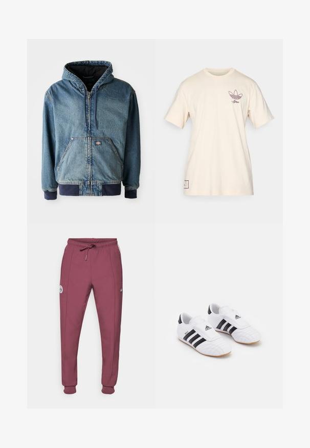 Jeansjacka med huva, som har dragkedja fram, två stora framfickor och ribbade ärmslut. Ljusblå färg med mörk marinblå detaljer.; adidas Originals AJAX ICON GRAPHIC TEE - Klubbkläder - halo ivory; adidas Originals AJAX ICON TRACK PANT - Klubbkläder - victory crimson; Vita idrottsskor i vitt med svarta ränder, med en mockaliknande yta, rund tå och en kardborreband. Gummisula för bra grepp.