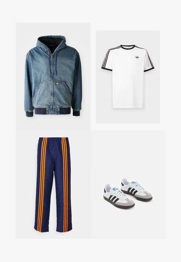 Jeans jakna s kapuco, z zadrgo spredaj, dvema velikima sprednjima žepoma in rebrastimi manšetami. Svetlo modra barva z temno modrimi detajli.; Bela bombažna majica s črnimi rebrastimi ovratnikom in rokavi, ki ima na vsaki rami tri črne črte in majhen logotip na prsih.; Nadmornomodre hlače z vzorčasto teksturo po celotni površini, s tremi debelimi oranžnimi črtami ob straneh. Elastičen pas na vrhu.; Športni čevlji z belim usnjenim zgornjim delom, sivim semišem na prstih in tremi črnimi črtami. Imajo modro logo na jeziku in teksturiran gumijast podplat.