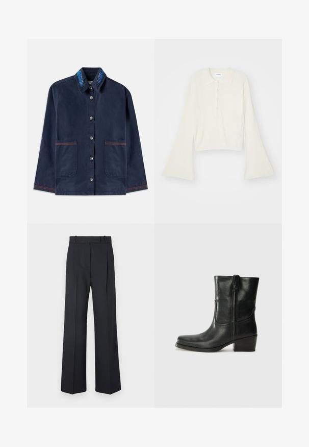 Tumši zila pogu mētelis ar garām piedurknēm, divas priekšējās kabatas ar oranžiem izšuvumiem un apkakli, kurai ir zili izšūti lapu motīvi.; Rudmāta, krēmkrāsas polo krekls ar garām, zvana formu piedurknēm un piecu pogu aizdari. Iespējas ietver mīksta tekstūra apkakli.; Tumši zili svītraini bikses ar augstu jostu, platu kāju dizainu un bez redzamiem aksesuāriem vai rotājumiem. Gluda tekstūra un pielāgota forma.; Melna ādas potīte ar noapaļotu purngalu, bloku papēdi, sānu rāvējslēdzēju un šuvju akcentiem uz virsmas. Gluda tekstūra, klasiskā dizaina.