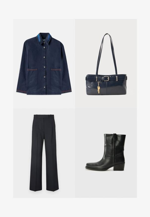 Tumši zila pogu mētelis ar garām piedurknēm, divas priekšējās kabatas ar oranžiem izšuvumiem un apkakli, kurai ir zili izšūti lapu motīvi.; Rudmāta, krēmkrāsas polo krekls ar garām, zvana formu piedurknēm un piecu pogu aizdari. Iespējas ietver mīksta tekstūra apkakli.; Tumši zili svītraini bikses ar augstu jostu, platu kāju dizainu un bez redzamiem aksesuāriem vai rotājumiem. Gluda tekstūra un pielāgota forma.; Melna ādas potīte ar noapaļotu purngalu, bloku papēdi, sānu rāvējslēdzēju un šuvju akcentiem uz virsmas. Gluda tekstūra, klasiskā dizaina.; Jūras spēku stila ādas rokassoma ar divām garām rokturiem, ar sprādzi un pievienotu atslēgu piekariņu. Iezīmējas ar gludu tekstūru un taisnstūra formas.