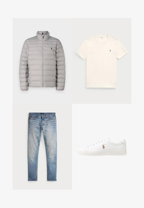 Lys grå pufferjakke med stående krage, horisontalt quiltet design, frontglidelås og liten brodert logo på venstre bryst.; Kremfarget bomulls t-skjorte med rund hals og korte ermer. Har en liten blå brodert logo på venstre bryst.; Lys blå denimjeans med et falmet utseende, fem-lommer design og kontrastsøm. Har glidelås og beltesløyfer. Rett snitt.; Hvite lærsko, lavt design, med en glatt tekstur, rund tå, snøring foran, og en liten brodert logo på siden.