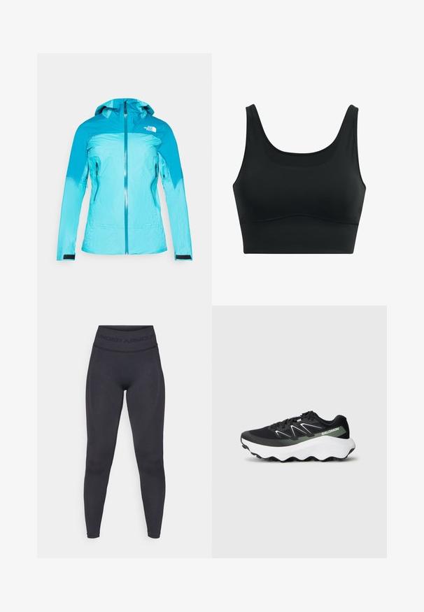 Leichte, türkisfarbene Jacke mit durchgehendem Reißverschluss, verstellbare Kapuze und zwei Seitentaschen. Sie hat ein strukturiertes Design und elastische Bündchen.; Schwarzer Sport-BH aus glattem Stoff, mit Rundhalsausschnitt, breiten Trägern und nahtlosem Design mit abgerundetem Saum.; Schwarze Leggings mit einem hohen, elastischen Bund, der den Schriftzug "UNDER ARMOUR" trägt. Glatte Textur mit subtilen Musterakzenten entlang der Beine.; Schwarzer Trainingsschuh mit einem Obermaterial aus Mesh, weißen und hellgrünen Akzenten, einer gepolsterten weißen Sohle und einer strukturierten Grip-Außensohle.