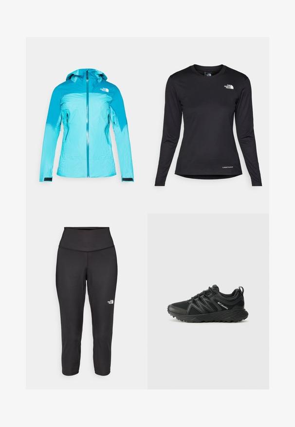 Veste turquoise légère avec une fermeture éclair sur le devant, capuche réglable et deux poches latérales. Présente un design texturé et des poignets élastiques.; The North Face SHADOW LONG SLEEVE - T-shirt à manches longues - black; Leggings capri noirs en tissu extensible, dotés d'une taille haute et d'un petit logo blanc sur le côté gauche. Texture lisse.; Columbia PEAKFREAK - Chaussures de marche - black