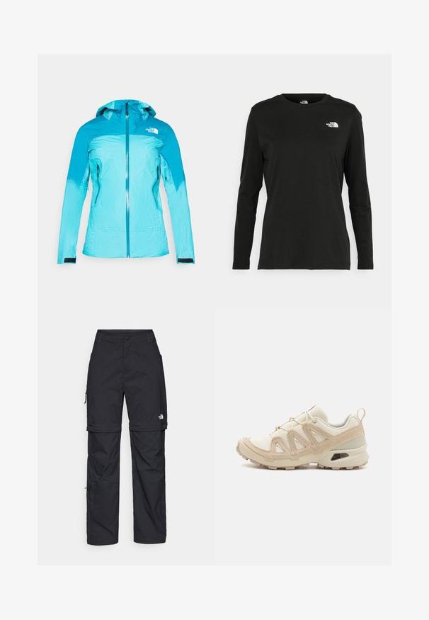 Giacca leggera turchese con zip frontale, cappuccio regolabile e due tasche laterali. Presenta un design testurizzato e polsini elasticizzati.; T-shirt nera a maniche lunghe in cotone con colletto rotondo. Presenta un piccolo logo bianco sul lato sinistro del petto. Design semplice e vestibilità comoda.; Pantaloni cargo in nylon nero con zip rimovibile, polsini regolabili, molteplici tasche e un logo sulla gamba destra. Tessuto liscio e leggero.; Scarpa atletica beige e crema con tomaia in mesh testurizzato, sovrapposizioni supportive e suola in gomma con un motivo a tasselli per la trazione.
