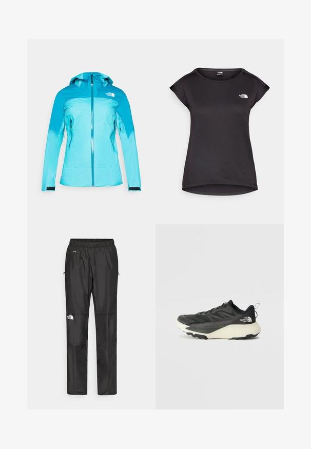 Veste turquoise légère avec une fermeture éclair sur le devant, capuche réglable et deux poches latérales. Présente un design texturé et des poignets élastiques.; The North Face TANKEN TANK - T-shirt de sport - black; Pantalons noirs imperméables en tissu léger, dotés d'une taille élastique, de poches latérales et d'un logo sur la jambe gauche.; Chaussure de sport noire avec une tige texturée, dotée d'accents gris et d'une semelle intermédiaire blanche. Comprend une languette et un logo de marque bien visible à l'arrière.