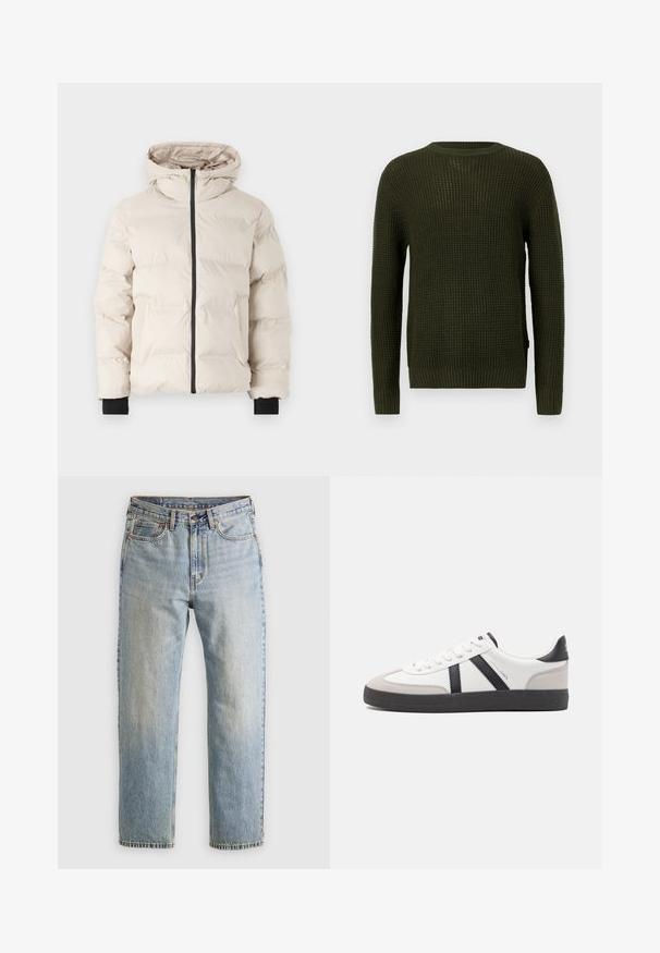 Jack & Jones JJPAYNE PUFFER JACKET - Winterjacke - moonbeam; Olivgrüner, gestrickter Pullover mit rundem Halsausschnitt, langen Ärmeln und gerippten Bündchen. Verfügt über ein strukturiertes Muster und eine lockere Passform.; Helle blaue Jeans mit hoher Taille, Frontknopf, Reißverschluss und fünf Taschen-Design, flach auf einem neutralen Hintergrund ausgelegt.; Weiße Sneaker mit schwarz- und grau-aczenten, ausgestattet mit einer strukturierten grauen Zehenkappe, schwarzer Gummi-Sohle und flachen weißen Schnürsenkeln. Sauberes Design, minimalistische Stil.