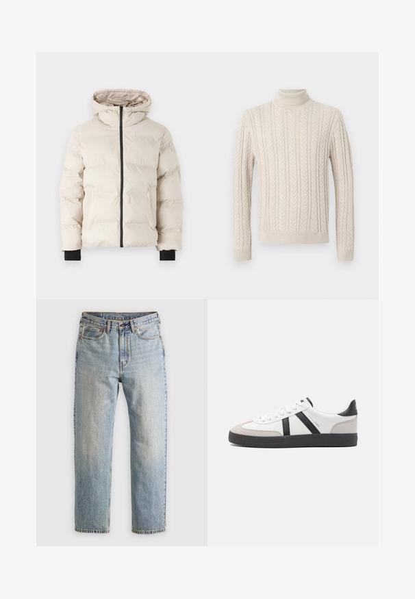 Jack & Jones JJPAYNE PUFFER JACKET - Winterjacke - moonbeam; Beige, gestrickter Pullover mit hohem, geripptem Rollkragen. Er verfügt über ein strukturiertes Zopfmuster sowie gerippte Bündchen und Saum, was ein gemütliches Erscheinungsbild bietet.; Helle blaue Jeans mit hoher Taille, Frontknopf, Reißverschluss und fünf Taschen-Design, flach auf einem neutralen Hintergrund ausgelegt.; Weiße Sneaker mit schwarz- und grau-aczenten, ausgestattet mit einer strukturierten grauen Zehenkappe, schwarzer Gummi-Sohle und flachen weißen Schnürsenkeln. Sauberes Design, minimalistische Stil.