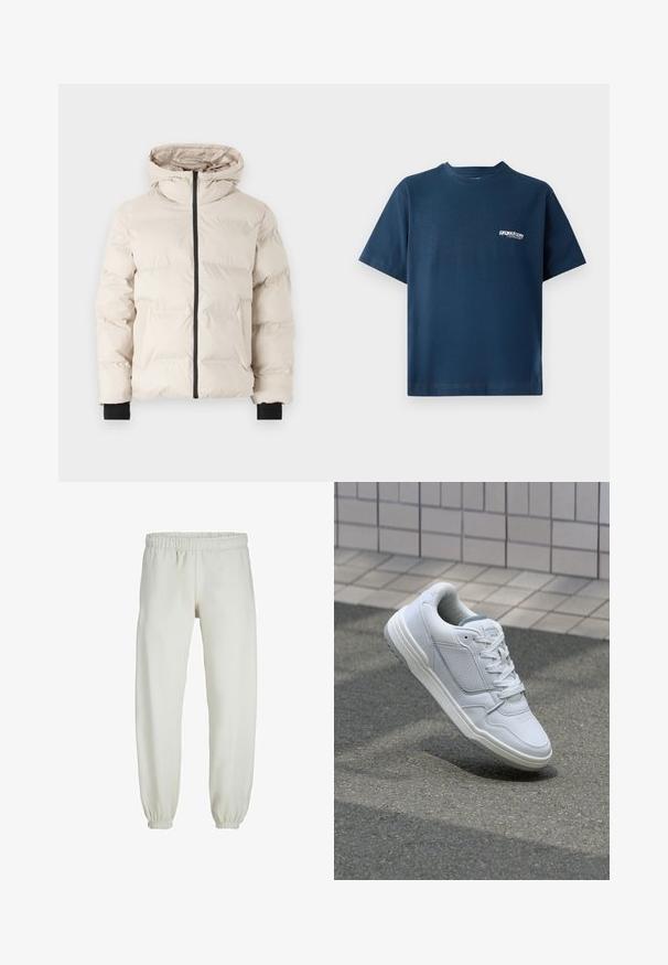 Jack & Jones JJPAYNE PUFFER JACKET - Zimska jakna - moonbeam; Tamno plavi pamučni majica s kratkim rukavima i okruglim izrezom. Ima mali bijeli logo na lijevoj strani prsnog područja. Mekana tekstura.; Bijele trenirke napravljene od mekanog materijala, s elastikom u struku i na manžetama, glatke teksture i labavog kroja.; Bijele kožne tenisice s perforiranim bočnim dijelovima, teksturiranim akcentima, ravnim vezicama i kontrastnim sivim petom. Imaju blago povišenu potplat.