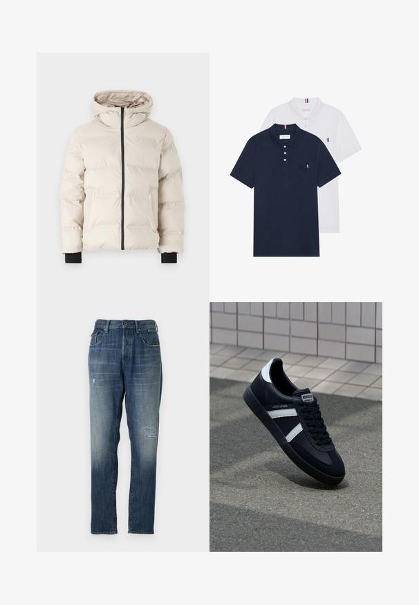 Jack & Jones JJPAYNE PUFFER JACKET - Ziemas jaka - moonbeam; Divas polo kreklu komplekts: viens tumši zils un viens balts, abi ar mazu sarkanu, baltu un zilu akcentu uz krūšu kabatas un apkakles.; Džinsi no denima ar izbalinātu zilu krāsu, taisnas kājas dizainu, mērenu nolietojumu priekšpusē un klasisku piecu kabatu stilu.; Melnā ādas sporta apavi ar baltām svītrām, teksturēta gumijas zole un auklu aizdare. Iekļauj zīmola etiķeti uz mēles.