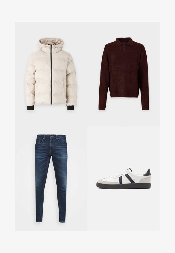 Jack & Jones JJPAYNE PUFFER JACKET - Vinterjakke - moonbeam; Brun strikket genser med polo krage, tre knapper ved halsen og lange ermer. Myk tekstur, ribbede mansjetter og kant.; Mørkeblå denimjeans med smal passform, subtil falming, fem lommer og metallknaplukking. Sømmer i kontrastfarge.; Hvite sneakers med svarte og grå detaljer, med en teksturert grå tåhette, svart gummisåle, og flate hvite lisser. Rent design, minimalistisk stil.