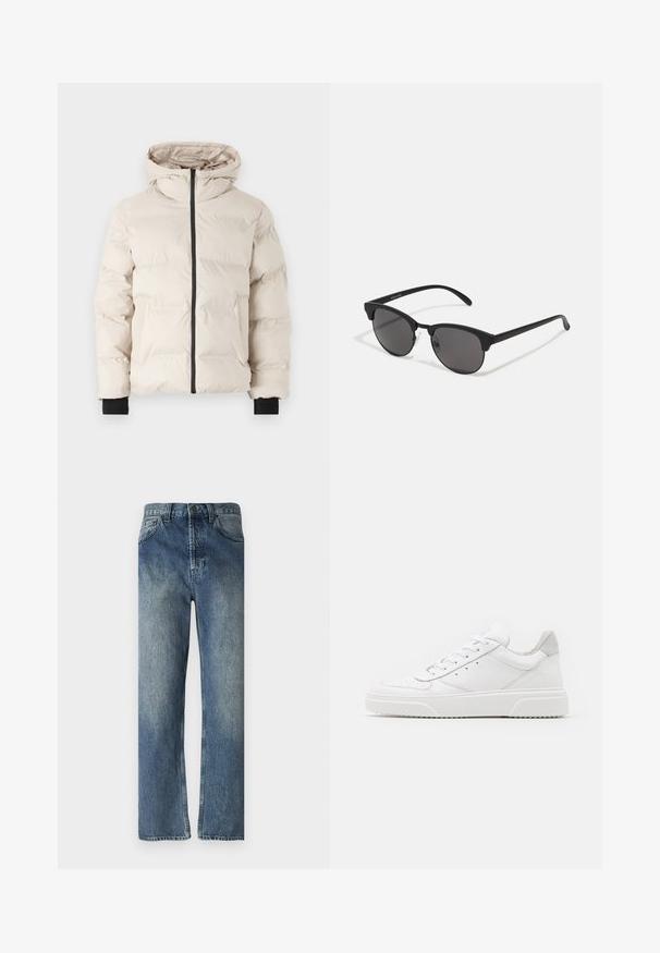 Jack & Jones JJPAYNE PUFFER JACKET - Zimska jakna - moonbeam; Bela bomba majica iz bombaža z kratkimi rokavi, krožno ovratnikom in rdečim grafičnim besedilom "OKUSNO OSVEŽILNO SADJE" na sprednji strani.; Modri kavbojki s ravnim krojem, ki imajo zbledel videz, zanko za pas, sprednja žepa in eno zadnje žep.; Bele usnjene športne copate z gladkim zaključkom, okroglo konico, ravnimi vezalkami in teksturiranim podplatom. Sivi semiš detajl na peti.; Črne sončna očala z okroglimi lečami, mat površino in značilno obliko mačjih oči. Tanke nogice z diskretnim logotipom na levem templju.