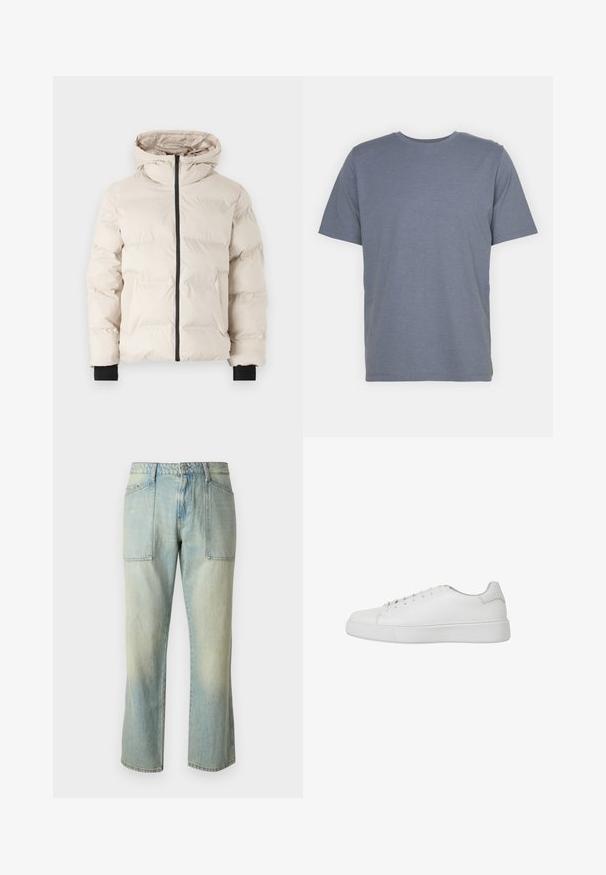 Jack & Jones JJPAYNE PUFFER JACKET - Veste d'hiver - moonbeam; T-shirt gris à manches courtes avec un col rond, fabriqué en un doux tissu en mélange de coton. Design simple, sans motifs ni accents.; Jean en denim bleu clair avec une coupe droite, coutures visibles et deux grandes poches avant. Le tissu a une texture délavée.; Baskets blanches en cuir lisse avec un bout arrondi, des détails cousus et une semelle en caoutchouc plate. Design minimaliste avec un système de laçage.