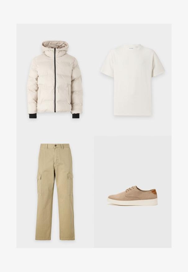 Jack & Jones JJPAYNE PUFFER JACKET - Zimska jakna - moonbeam; Bela majica s kratkimi rokavi iz rebraste tkanine. Okrogli izrez, sproščen kroj, brez vidnih vzorcev ali naglasov. Preprosta in vsestranska zasnova.; Bež hlače s cargo krojem iz bombaža, z dvema stranskima žeparm, gumbom za zapiranje in ravnimi nogavicami iz rahlo teksturirane tkanine.; Bež tkanine usnjene superge z zaobljenim nosom, vezalkami na sprednji strani in teksturiranim zadnjim detajlom. Belo gumijasto podplato zagotavlja kontrast. Enostaven in sodoben dizajn.