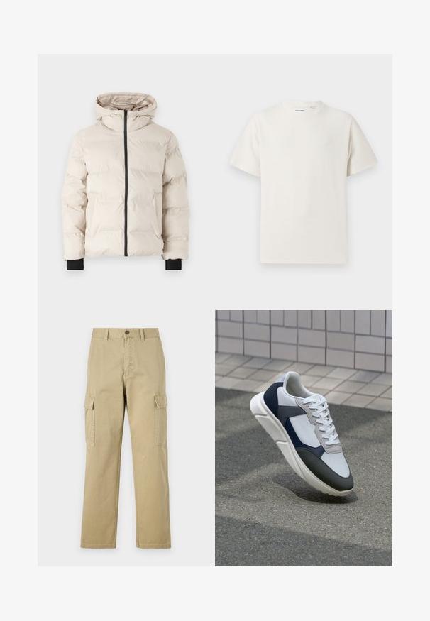 Jack & Jones JJPAYNE PUFFER JACKET - Winterjas - moonbeam; Witte korte mouwen T-shirt met ribbelstructuur. Ronde hals, ontspannen pasvorm, geen zichtbare patronen of accenten. Eenvoudig en veelzijdig ontwerp.; Beige cargobroek van katoen, met twee zijzakken, een knoopsluiting en rechte pijpen van een licht gestructureerde stof.; Witte, marineblauwe en grijze sneaker met een gemengde materiaald ontwerp, met een gestructureerde bovenkant, platte veters en een gevoerde zool.