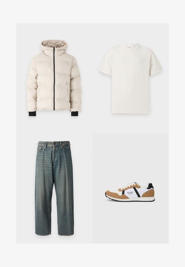 Jack & Jones JJPAYNE PUFFER JACKET - Zimní bunda - moonbeam; Bílý krátký rukáv tričko s pružnou strukturou. Kulatý výstřih, volný střih, bez viditelných vzorů nebo detailů. Jednoduchý a univerzální design.; Světle modré denimové džíny s volným střihem, středně vysokým pasem a rovnými nohavicemi. Obsahují pět kapes, poutka na opasek a zapínání na knoflík.; Retro stylový tenisky s bílou a tan suede, černými akcenty, bílými šňůrkami a logem "Jack & Jones EST. 1990" na boku.