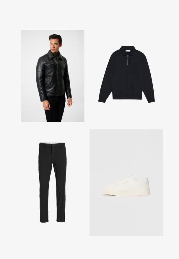 Sort læderjakke med lynlås foran, spidse krave og lynlåslommer. Glat tekstur, tætsiddende design og lange ærmer. Kombineres med mørke jeans.; Pier One Sweatshirt - black; Sorte bomuldsblandede bukser med slim fit, der har en knaplukning, lommer og opbrugte stumper for et afslappet udtryk.; Hvide slip-on sneakers med en struktureret overflade, en tyk sål og et minimalistisk design. Har brandlogoet på siden.