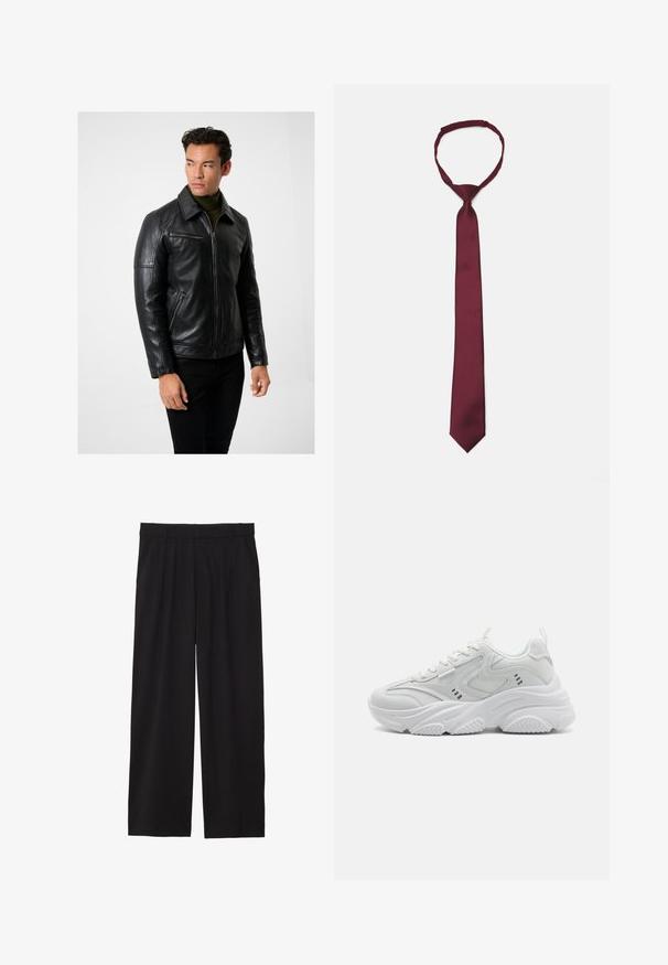 Black leather jacket with a zip front, pointed collar, and zippered pockets. Smooth texture, fitted design, and long sleeves. Pair with dark jeans.; White long-sleeve button-up shirt with a collar, featuring a smooth texture and six front buttons. Tailored fit with cuffed sleeves.; Black wide-leg trousers with a pleated front, side pockets, and a smooth fabric texture. Designed for a relaxed fit.; White athletic shoes with a textured upper, padded tongue, and chunky sole. Design features include curved lines and small accents on the sides.; Burgundy satin tie with a smooth texture, narrow width, and pointed tip; features a loop for easy wear.