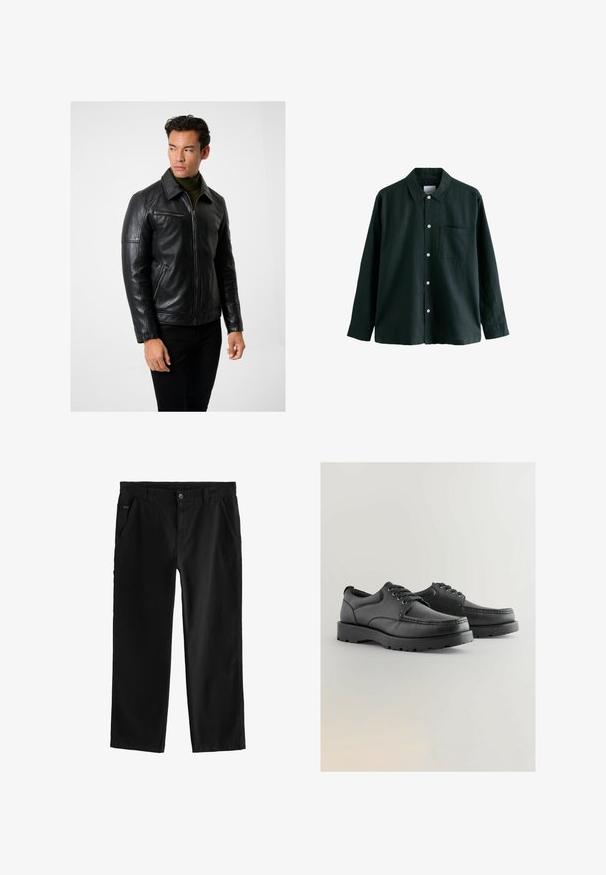 Sort læderjakke med lynlås foran, spidse krave og lynlåslommer. Glat tekstur, tætsiddende design og lange ærmer. Kombineres med mørke jeans.; Mørkegrøn skjorte med knaplukning, krave, lange ærmer og en enkelt brystlomme; har hvide knapper og en blød tekstur.; Sorte bomuldsbukser med lige ben-design, der har en frontknaplukning, skrå sidelommer og subtile sydetaljer.; Sorte lædersko med struktureret overdel, rund tå, snørebåndsdesign og tykke gummisåler med et slidbanemønster.