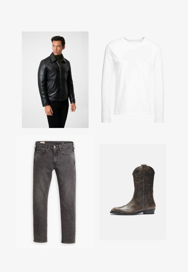 Zwarte leren jacket met een ritssluiting aan de voorkant, puntige kraag en ritszakken. Glad textuur, strakke pasvorm en lange mouwen. Te combineren met donkere spijkerbroeken.; Langsleeve witte t-shirt gemaakt van zachte katoen. Ronde halslijn met rechte zoom en geen zichtbare patronen of graphics.; Grijze denim jeans met een rechte snit, een vijf-pocket ontwerp en een knoopsluiting. Voorzien van subtiele vervaging en tonale stiksels overal.; Bruine leren cowboylaars met een hoge schacht, spitse neus, ingewikkelde stikpatronen en een kleine hak. Gevarieerde afwerking overal.