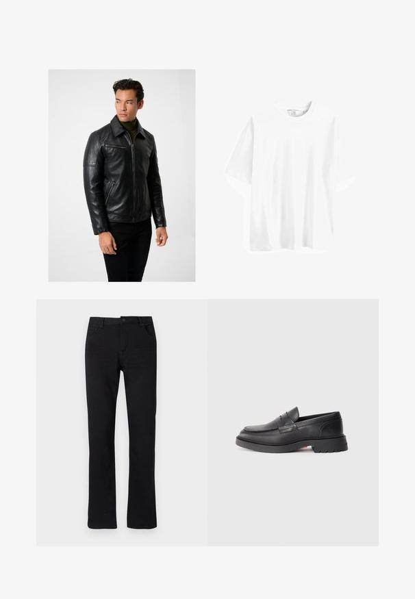 Sort læderjakke med lynlås foran, spidse krave og lynlåslommer. Glat tekstur, tætsiddende design og lange ærmer. Kombineres med mørke jeans.; Hvid bomulds t-shirt med korte ærmer, rund hals, løs pasform og glat tekstur. Ingen synlige mønstre eller accenter.; Sorte lige ben jeans lavet af denim. Har en lynlås foran, fem lommer og diskret stikninger. Flad talje med bæltestrop.; Sorte læder loafers med en rund tå, en hævet søm og en tyk gummisål. Enkel design med minimal branding på siden.