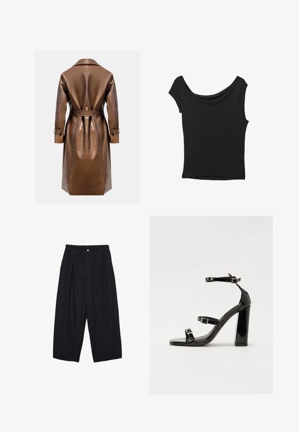 Ruskea nahkatrenssi, jossa on vyöllä korostettu vyötärö, pitkät hihat ja napitusyksityiskohdat. Sujuva pinta, jossa on räätälöity, istuva muoto.; Musta lyhythihainen paita, joka on valmistettu sileästä kankaasta; siinä on laskeutuva kaula-aukko ja epäsymmetrinen helma, sekä istuva malli.; Musta polyesterinen culotte-housut, jossa on joustava vyötärö, kaksi etupleettiä ja löysä siluetti. Ei näkyviä kuvioita tai metallisia yksityiskohtia.; Musta kiiltävä korkokenkä sandaalit neliönmuotoisella varpaalla, nilkkaremmillä ja hopeisilla soljilla. Varustettu tukevalla lohkokorkealla vakauden takaamiseksi.