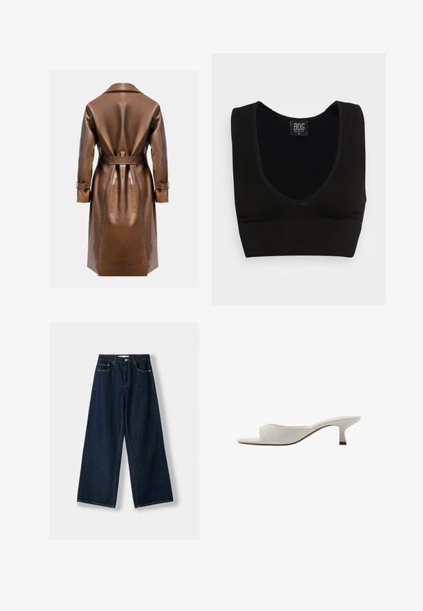 Brauner Leder-Trenchcoat mit tailliertem Bund, langen Ärmeln und Knopfdetails. Glatte Textur mit einer maßgeschneiderten, figurbetonten Form.; Schwarzes, geripptes Crop-Top mit breiten Trägern und einem tiefen V-Ausschnitt. Das Etikett trägt die Aufschrift "BDG", Größe S, mit einer glatten Textur und passgenauer Form.; Dunkelblaue, weit geschnittene Jeans aus Denim. Verfügt über fünf Taschen, einen Knopf- und Reißverschluss sowie Kontrastnähte.; Weiße offene Mules mit geschwungenem Design, niedrigem Absatz, glatter Textur und einem dezenten gestickten Muster. Brauner Akzent am Absatzboden.