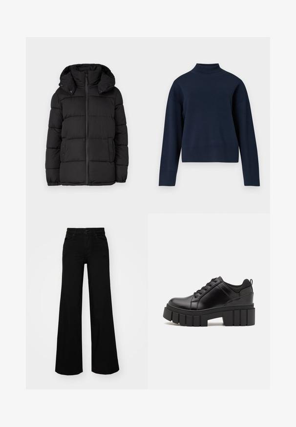Melna pūkaina jakas ar kapuci, ar horizontāliem quiltētiem paneļiem, priekšējo rāvējslēdzēju un pogu akcentiem sānos.; Tumši zils augstais kakls džemperis ar brīvu piegriezumu, garām piedurknēm un ribota apkakle un apakšmalu; izgatavots no mīksta, teksturēta adījuma materiāla.; Melni plaša kāju bikses, izgatavotas no džinsa, ar strukturētu jostu, jostu cilpiņām un priekšējām kabatām. Gluda tekstūra ar klasisku dizainu.; Melnas ādas platformas kurpes ar masīvu bloku papēdi, apaļu purngalu un tradicionālu saistīšanas dizainu. Izceļas ar gludu tekstūru un minimālu apdari.