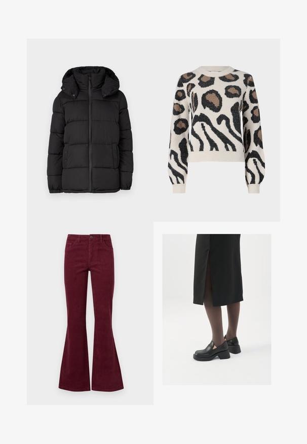 Črna puhasta jakna s kapuco, ki ima horizontalno prešite panele, sprednjo zadrgo in gumbe s pritiskom na straneh.; JDY LORRAINE - Pulover - cement; Burgundske kordurojske hlače s širokimi hlačnicami, petimi žepi, sprednjim zapiranjem na gumb in teksturirano tkanino. Široke noge se razširijo od kolena do roba.; Črne usnjene čevlje s zaobljenim prstom, debelim blokastim petama in elastičnimi stranskimi detajli, v kombinaciji s temno nogavicami in črno krilo z razporkom.