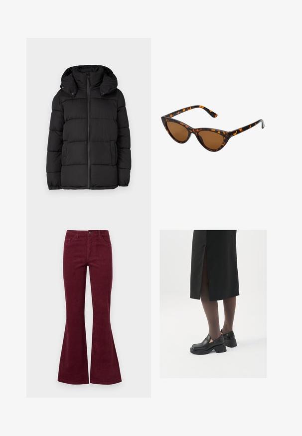 Black puffer jacket with a hood, featuring horizontal quilted panels, a front zip closure, and snap-button accents on sides.; JDY LORRAINE - Jumper - cement; Burgundy corduroy flared jeans with five pockets, a front button closure, and textured fabric. Flares extend from knee to hem.; Black leather shoes with a rounded toe, thick block heel, and elastic side accents, paired with dark tights and a black skirt with a slit.; Cat-eye sunglasses with a black and orange tortoiseshell frame, brown lenses, and sleek, pointed tips. Features a minimal logo on the temple.