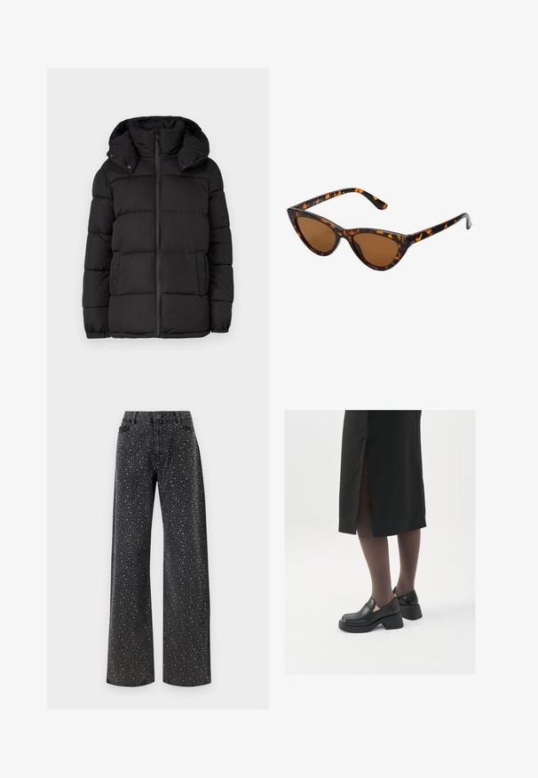 Melna pūkaina jakas ar kapuci, ar horizontāliem quiltētiem paneļiem, priekšējo rāvējslēdzēju un pogu akcentiem sānos.; JDY LORRAINE - Džemperis - cement; Noisy May NMJANNEL LOOSE - Brīva piegriezuma džinsi - black denim; Melni ādas apavi ar noapaļotu purngalu, biezām bloku papēžiem un elastīgiem sānu akcentiem, apvienoti ar tumšām zeķubiksēm un melnu svārku ar šķirbu.; Kaķa acs saulesbrilles ar melnu un oranžu bruņurupuču rakstu rāmi, brūnām lēcām un elegantiem, norādītiem galiem. Rāmī ir minimālists logos uz tempļa.; Sudraba gredzenveida auskari ar minimālistisku dizainu. Cirkulāra forma, gluda tekstūra un plāns profils. Vieglu svaru ar spīdīgu apdari.