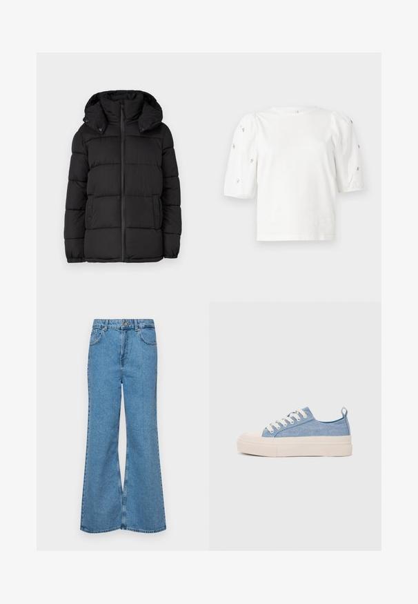 Fekete pufi dzseki kapucnival, vízszintes tűzött panelek, elülső cipzáras záródás és gombos részletek az oldalakon.; Fehér pamut póló rövid puffos ujjakkal, a ujjain kicsi ezüst díszítések találhatók. Klasszikus kerek nyakú, laza fazonú.; Világoskék, trapézszárú farmernadrág, magas derékkal, öt zsebbel és egy gombos záródással. Puha tapintású, magasított effektusú anyag.; Világoskék vászon sportcipők, krémszínű gumitippel és talppal, fehér fűzőkkel és egy húzófüllel a sarkán.