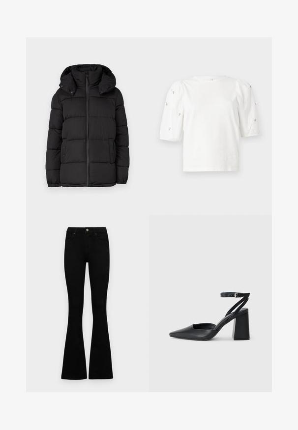 Svart puffer-jakke med hette, med horisontale quiltede paneler, frontlukking med glidelås og trykknappdetaljer på sidene.; Hvit bomull T-skjorte med korte pufferm, med små sølvdekorasjoner langs ermene. Klassisk rund hals, avslappet passform.; Sorte høytlivsjeans med knapp og glidelås, frontlommer og utsvingte bein liggende flatt på en hvit bakgrunn.; Svart lær pumps med spiss tå, ankelrem og kraftig hæl. Flat tekstur, strømlinjeformet design og minimalisme.