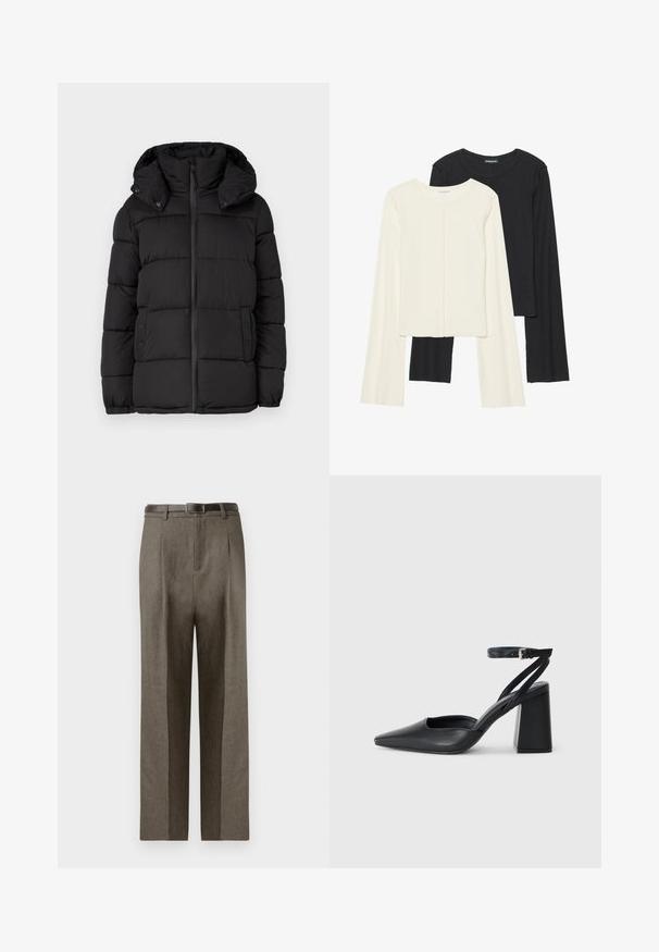 Svart puffjacka med huva, med horisontella quiltade pannor, dragkedja fram och tryckknappsdetaljer på sidorna.; Set med två långärmade toppar i vitt och svart. Ribbade texturer, rund hals, figurnära design med något utställda ärmar.; Bruna skräddarsydda byxor med rak skärning, som har en mjuk yta, bälteslänkar och en platt frontdesign.; Svart läderpumps med spetsig tå, ankelrem och kraftig klack. Slät textur, stilren design och minimalistisk estetik.