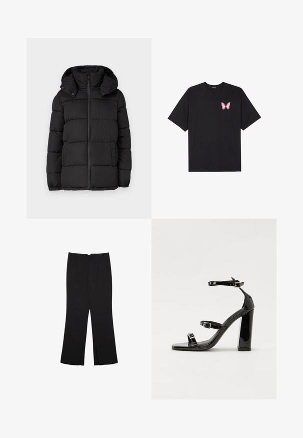 Čierna prešívaná bunda s kapucňou, s horizontálnymi prešívanými panelmi, predným zipsom a patentkami na bokoch.; Čierne bavlnené tričko s krátkymi rukávmi, s malým ružovým motýlikom na ľavej hrudi. Design s okrúhlym výstrihom a uvoľneným strihom.; Čierne nohavice so strihom rovného strihu, s prednými vreckami a bočnými rozparkami na leme. Vyrobené z mäkkej, hladkej tkaniny. Vhodné na rôzne príležitosti.; Čierne lakované sandále na podpätku so štvorcovou špičkou, navlečenými remienkami okolo členku a striebornými prackami. Disponujú masívnym blokovým podpätkom pre stabilitu.