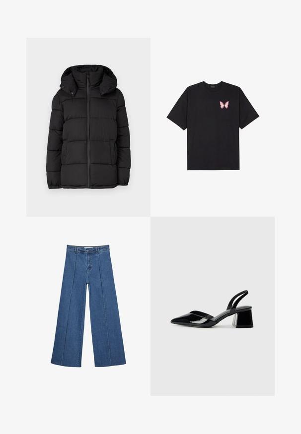 Svart puffjacka med huva, med horisontella quiltade pannor, dragkedja fram och tryckknappsdetaljer på sidorna.; Svart bomullströja med korta ärmar, med en liten rosa fjärilsgrafik på vänster bröst. Rundad halsdesign med en avslappnad passform.; Vidbenade denimjeans i medelblått, med hög midja, knäppning och kontrasterande vertikala sömdetaljer längst fram.; Svarta lackläder slingback klackar med spetsig tå och geometrisk klack. Har en elegant, minimalistisk design och slät yta.