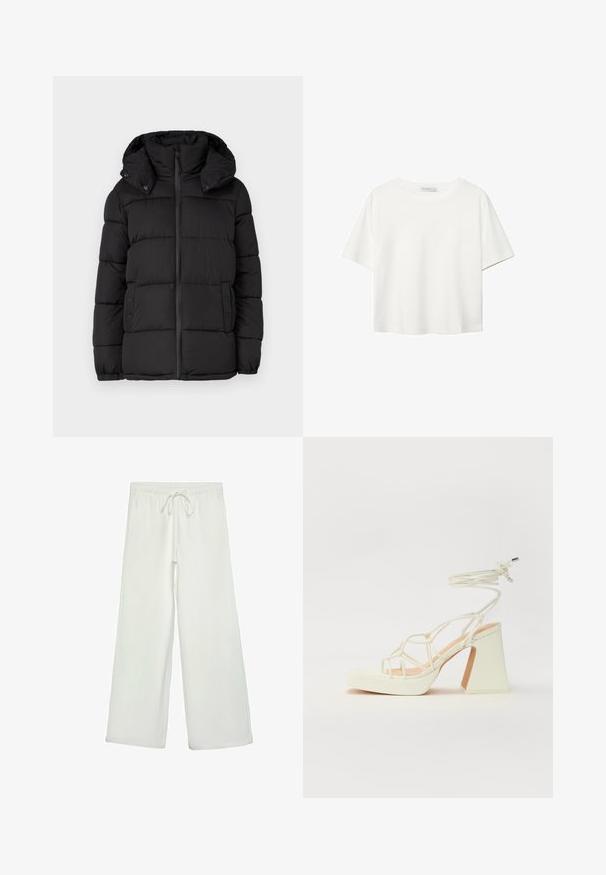 Črna puhasta jakna s kapuco, ki ima horizontalno prešite panele, sprednjo zadrgo in gumbe s pritiskom na straneh.; Bela kratka majica s kratkimi rokavi iz bombaža. Ima okroglo izrezovanje in sproščen kroj. Gladka tekstura brez vidnih vzorcev ali poudarkov.; Bele široke hlače iz mehkega blaga. Imajo elastičen pas s vrvico in gladko teksturo. Brez vidnih vzorcev ali kovinskih delov.; Bela sandala na visokih petah s debelim petam, ki ima obliko trakcev in vezanje okoli gležnja. Gladka tekstura z platformo spredaj za dodatno višino.