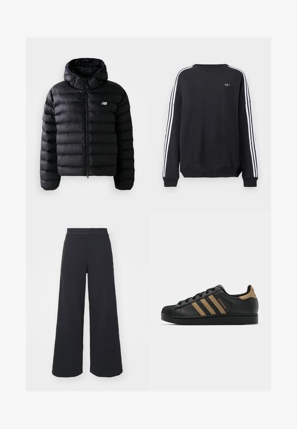 Melna pūkaina jaka ar kapuci, ar kvadrātveida tekstūru, rāvējslēdzēja aizdari un atstarojošu logo. Gluda, viegla materiāla.; Melnas sporta džemperis ar garām piedurknēm, baltas svītras gar katru roku un neliels pelēks logotips uz krūtīm. Kokvilnas materiāls, ikdienišķa piegriezuma forma.; Melni platās svārku bikses, izgatavotas no mīksta auduma, ar elastīgu jostas daļu un mazu logotipu kreisajā pusē.; Melna ādas kedas ar trim brūniem svītrām, teksturētu gumijas purngali, šņorējama priekšpuse un plakans melns zole. Iekļauj diskrētu logotipu uz papēža.