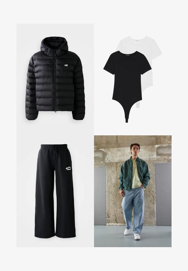 Μαύρο φουσκωτό μπουφάν με κουκούλα, με κλασσική ραφή, φερμουάρ και ανακλαστικό λογότυπο. Λείο, ελαφρύ υλικό.; Μαύρα και λευκά κοντομάνικα κορμάκια με στρογγυλές λαιμοκοψές και σλιπ πίσω, φτιαγμένα από απαλή και ελαστική ύφανση.; Μαύρο φαρδύ παντελόνι φόρμας με κορδόνι στη μέση. Περιλαμβάνει κεντημένο κείμενο στην αριστερή πλευρά, κατασκευασμένο από απαλό υλικό βαμβακερού μείγματος.; Πράσινο μπόμπερ μπουφάν πάνω από ένα ανοιχτό κίτρινο πόλο, συνδυασμένο με φαρδιά μπλε τζιν και λευκά αθλητικά παπούτσια. Λείο ύφασμα, άνετη εφαρμογή, ελάχιστα μεταλλικά στοιχεία.