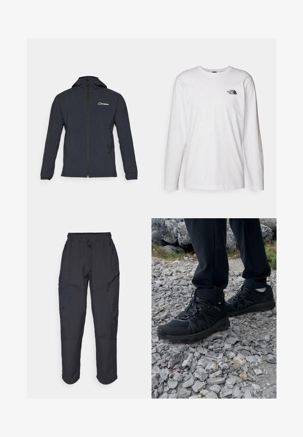Giacca leggera nera con cappuccio realizzata in materiale resistente all'acqua, presenta una cerniera frontale completa e un logo sul lato sinistro in alto.; T-shirt bianco a maniche lunghe in cotone con colletto rotondo. Presenta un piccolo logo nero sul petto. Texture liscia, vestibilità regolare.; Pantaloni cargo neri realizzati in un materiale leggero e resistente all'acqua; presentano una vita elastica, diverse tasche con zip e gambe affusolate.; Scarpe da esterni nere realizzate in mesh e materiale sintetico, con una parte superiore testurizzata, un sistema di allacciatura sicuro e una suola robusta, su terreno roccioso.