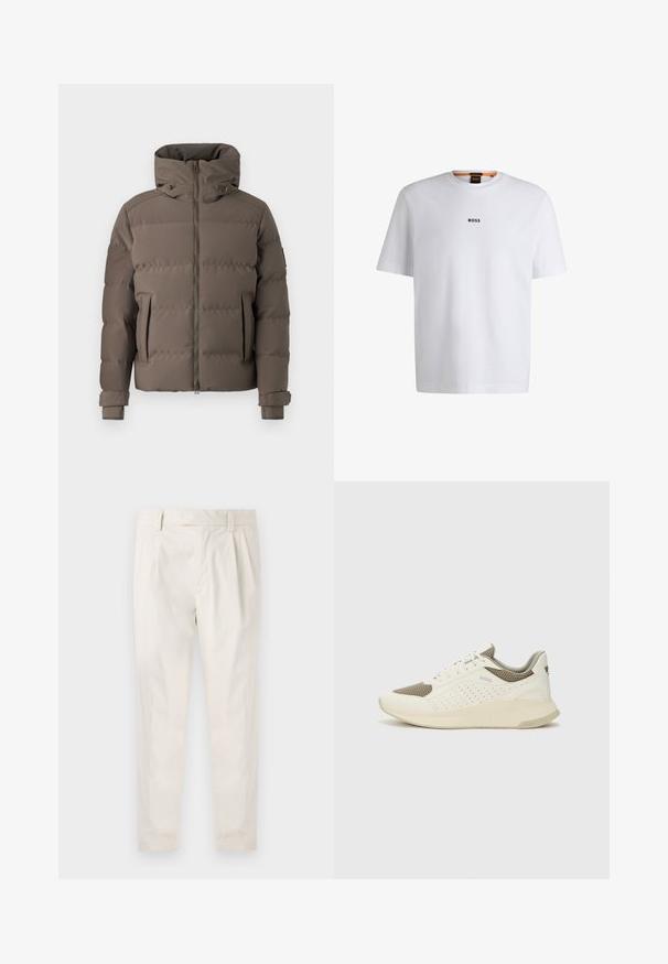 Bruine pufferjas met een hoge kraag, ritssluiting, twee voorke pockets en verstelbare manchetten. Gladde textuur met een doorgestikt ontwerp.; Witte katoenen T-shirt met korte mouwen, voorzien van een zwart "BOSS"-logo in het midden van de borst en een ronde halsontwerp.; Witte, geplooide broeken met een getailleerde pasvorm, met een gladde textuur, riemlussen en taps toelopende benen. Geen zichtbare zakken of patronen.; Witte en lichtbeige sport sneaker, met een bovenwerk van mesh, geperforeerde details en een gestructureerde tussenzool met branding op de hiel.