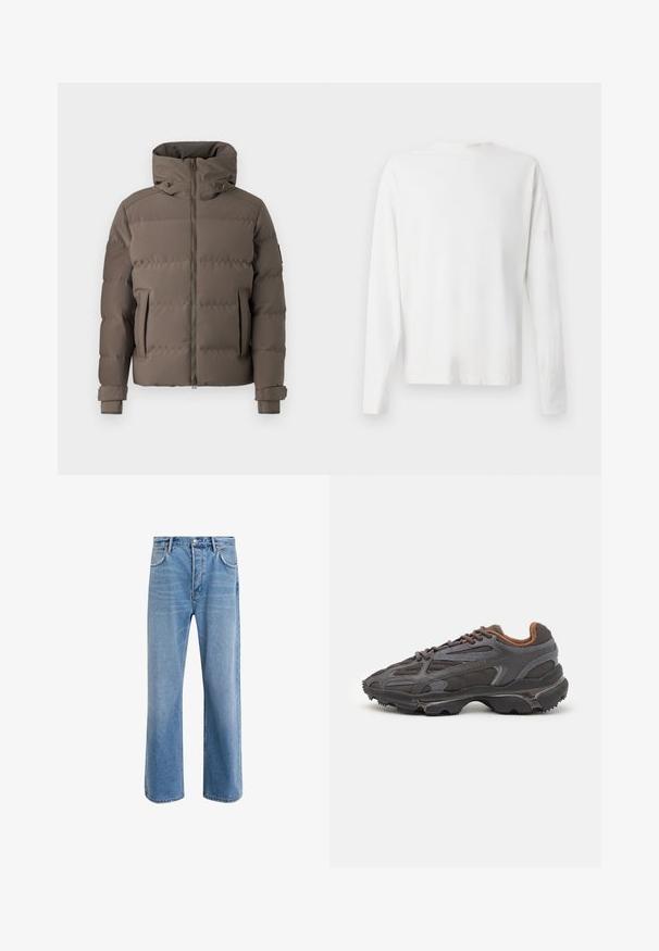 Bruine pufferjas met een hoge kraag, ritssluiting, twee voorke pockets en verstelbare manchetten. Gladde textuur met een doorgestikt ontwerp.; Witte katoenen blouse met lange mouwen en een ronde halslijn, met zijsplitten aan de onderkant en een gladde textuur, vanuit de achterkant weergegeven.; Lichtblauwe denim jeans met een straight-leg ontwerp, vijf zakken, knoopsluiting, minimale vervaging en contrasterende stikseldetails.; Lacoste sneakers in donkergrijs van mesh en synthetisch materiaal, met een gestructureerde zool en bruine accenten op de kraag en branding.