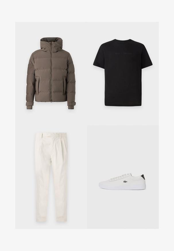 Casaco puffer castanho com um colarinho alto, fecho de zíper, dois bolsos frontais e punhos ajustáveis. Textura suave com um design acolchoado.; Lacoste T-shirt básica - black; Calças brancas pregueadas com um corte ajustado, apresentando uma textura suave, passantes de cinto e pernas afuniladas. Sem bolsos visíveis ou padrões.; Sapatilha de couro branco com biqueira arredondada, atacadores na frente e detalhe preto no calcanhar. Apresenta um pequeno logótipo de crocodilo bordado na lateral.